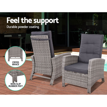 3PC Wicker Recliner Chair & Table Sun lounge - Grey