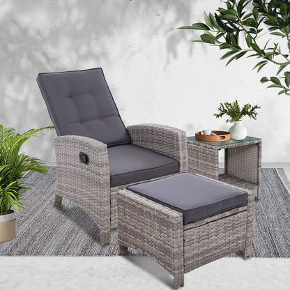 3PC Wicker Recliner Chair & Table Sun lounge - Grey