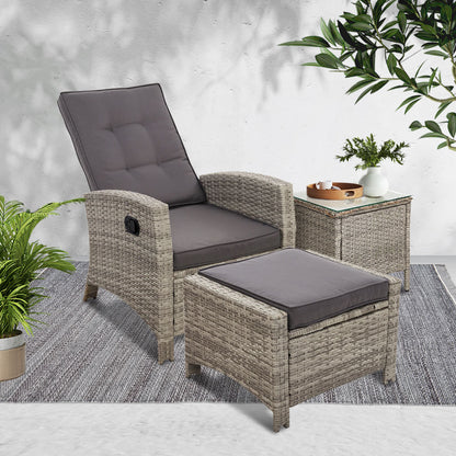 3PC Wicker Recliner Chair & Table Sun lounge - Grey