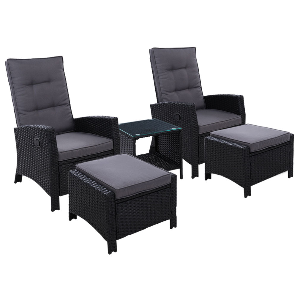 5PC Wicker Recliner Chairs & Table Sun lounge - Black