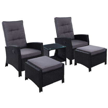 5PC Wicker Recliner Chairs & Table Sun lounge - Black
