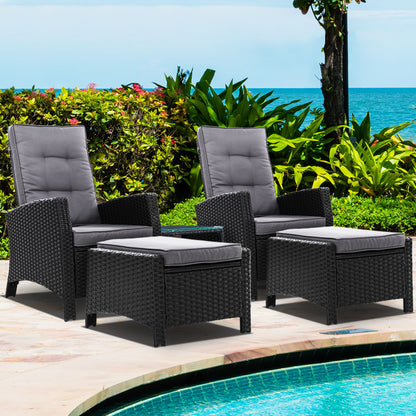 5PC Wicker Recliner Chairs & Table Sun lounge - Black