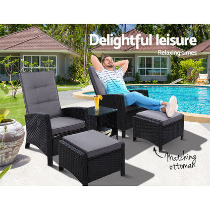 5PC Wicker Recliner Chairs & Table Sun lounge - Black