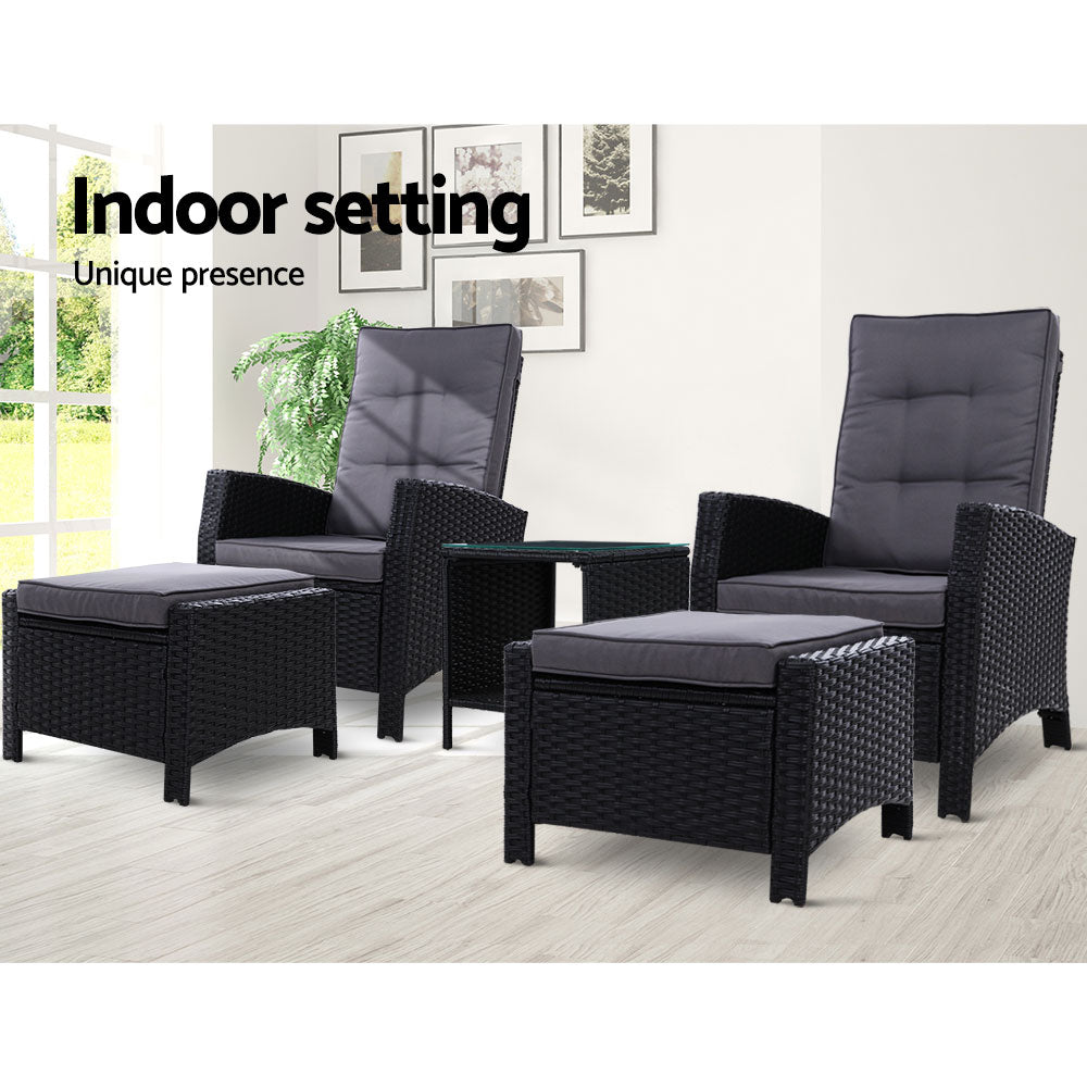 5PC Wicker Recliner Chairs & Table Sun lounge - Black