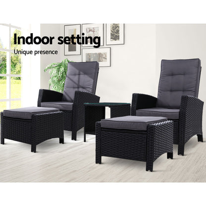 5PC Wicker Recliner Chairs & Table Sun lounge - Black