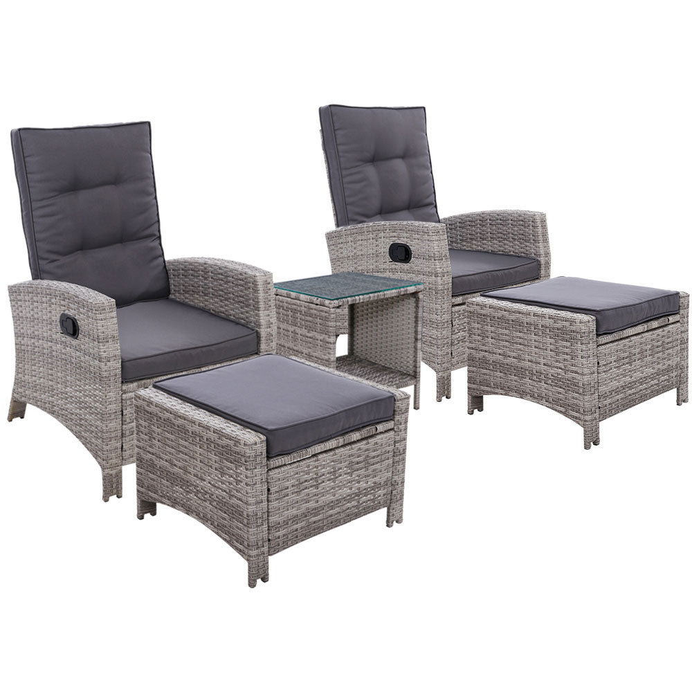 5PC Wicker Recliner Chairs & Table Sun lounge - Grey