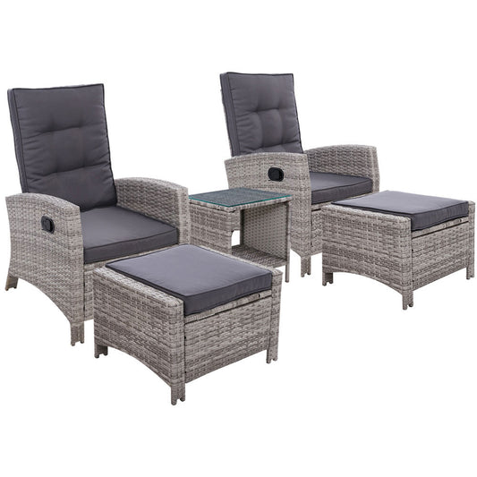 5PC Wicker Recliner Chairs & Table Sun lounge - Grey