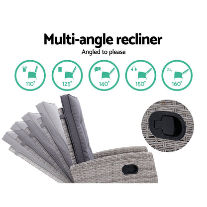 5PC Wicker Recliner Chairs & Table Sun lounge - Grey