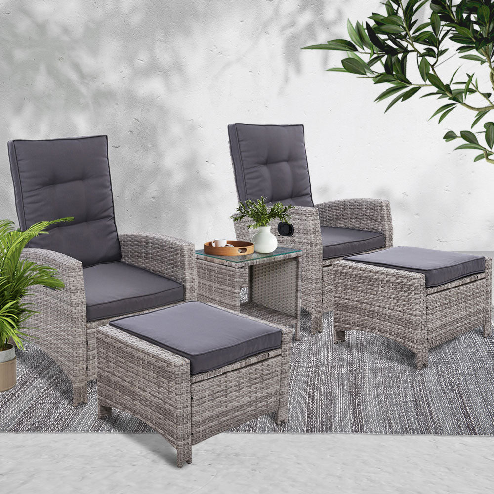 5PC Wicker Recliner Chairs & Table Sun lounge - Grey