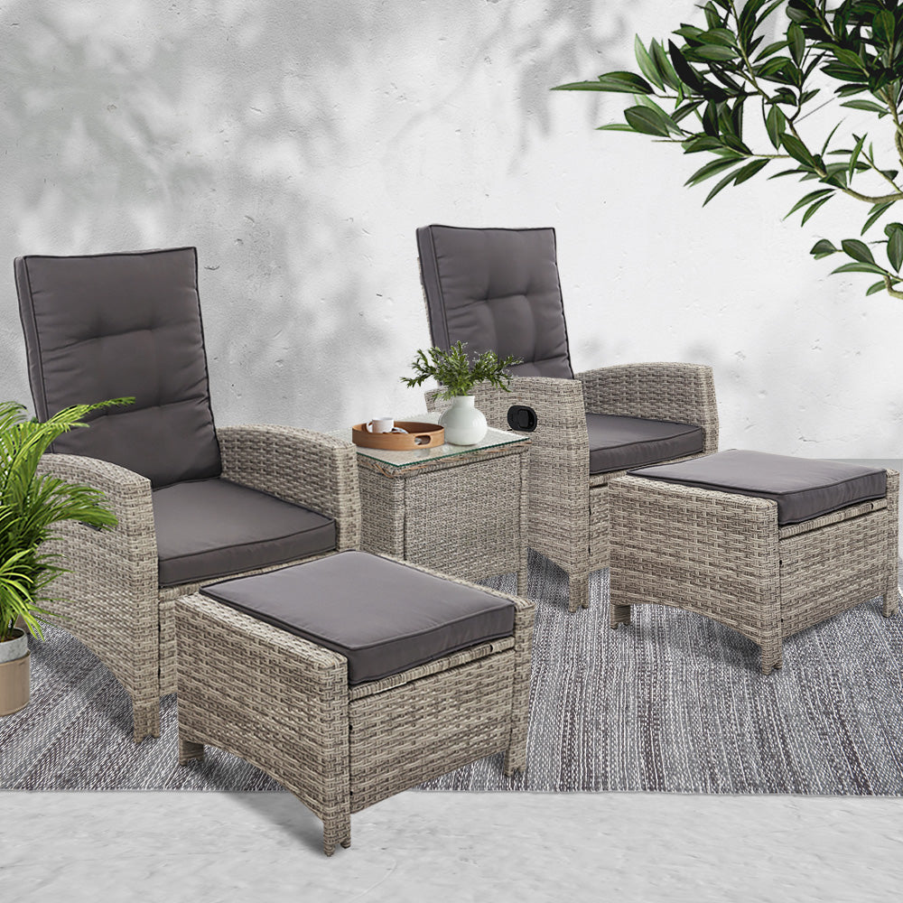 5PC Wicker Recliner Chairs & Table Sun lounge - Grey