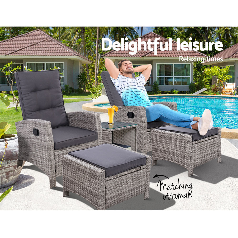 5PC Wicker Recliner Chairs & Table Sun lounge - Grey