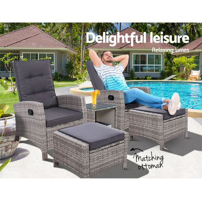 5PC Wicker Recliner Chairs & Table Sun lounge - Grey