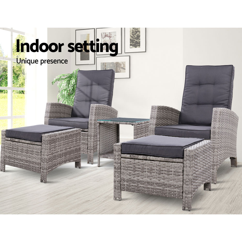 5PC Wicker Recliner Chairs & Table Sun lounge - Grey