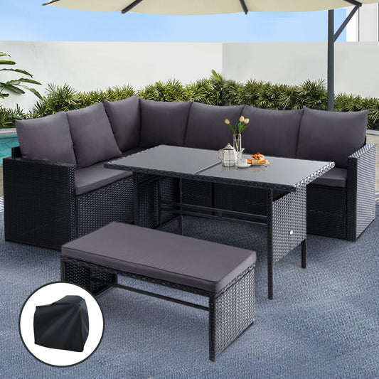8 Seat Wicker Outdoor Dining Set - Black