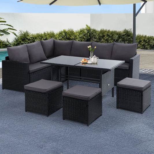9 Seater Wicker Outdoor Furniture Dining Setting - Black
