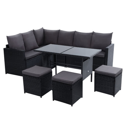 9 Seater Wicker Outdoor Furniture Dining Setting - Black
