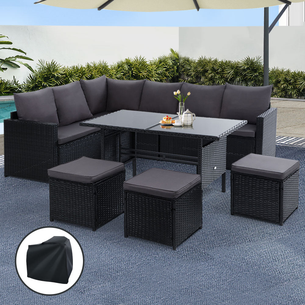 9 Seat Outdoor Wicker Dining Set - Black Cover
