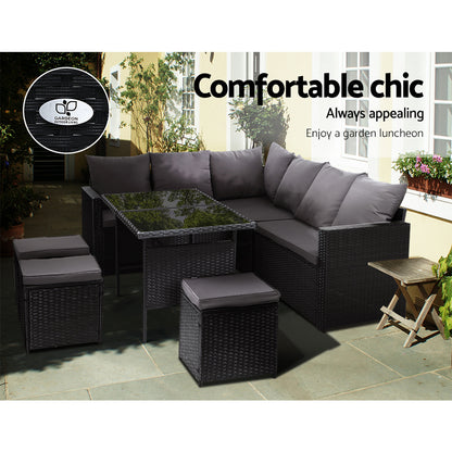 9 Seat Outdoor Wicker Dining Set - Black Cover