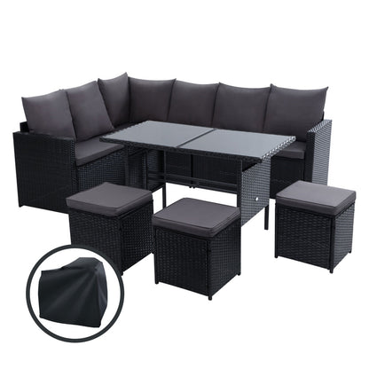 9 Seat Outdoor Wicker Dining Set - Black Cover
