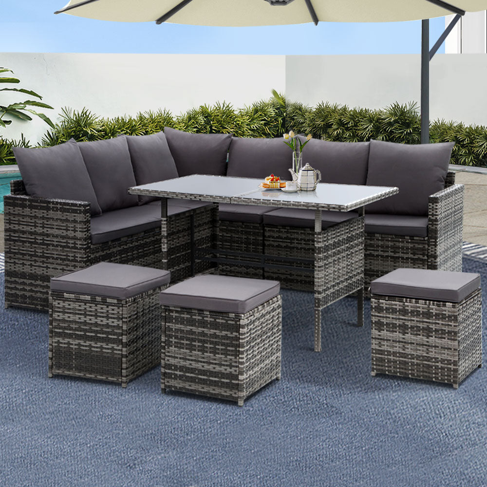 Outdoor Furniture Dining Setting Sofa Set Lounge Wicker 9 Seater Mixed Grey