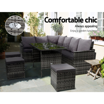 Outdoor Furniture Dining Setting Sofa Set Lounge Wicker 9 Seater Mixed Grey