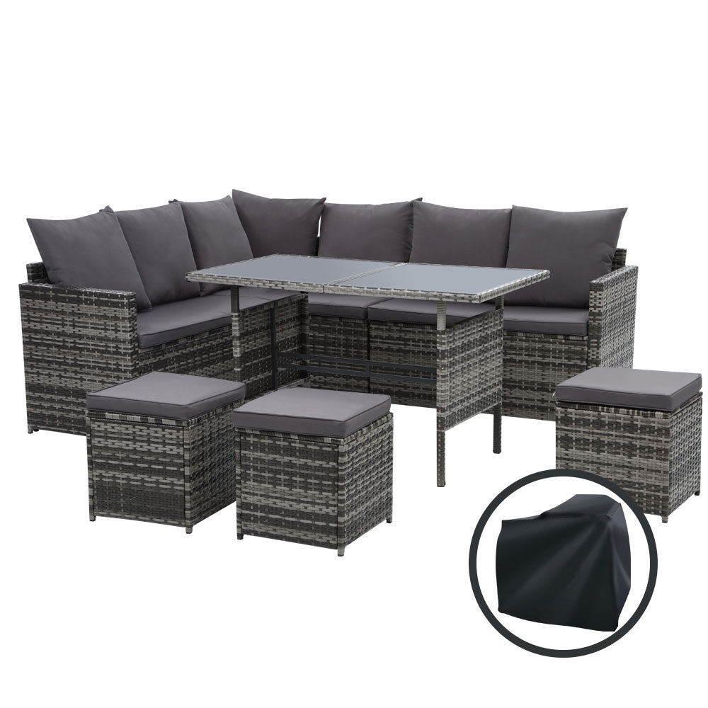 Outdoor Dining Set Sofa Lounge Setting Chairs Table Ottoman Grey Cover