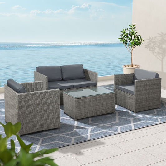 4-Piece Outdoor Sofa Set Wicker Couch Lounge Setting - Grey
