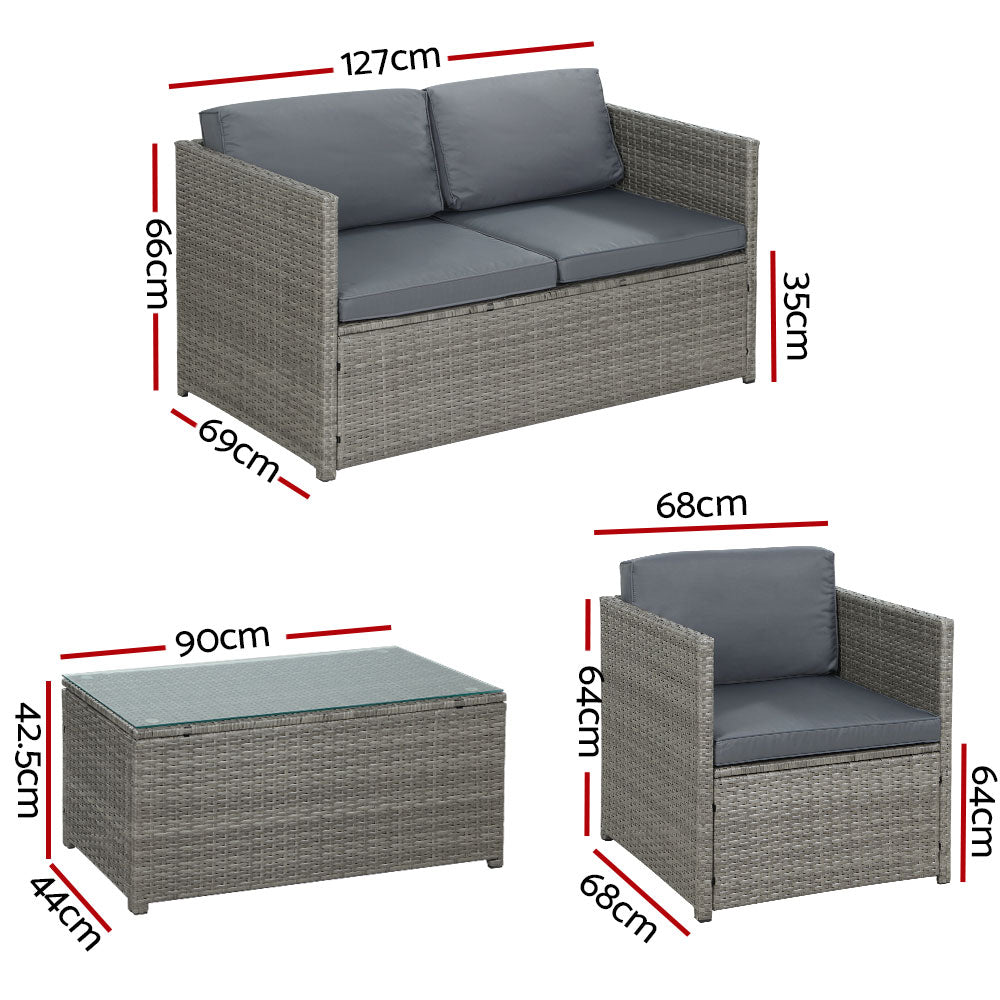 4-Piece Outdoor Sofa Set Wicker Couch Lounge Setting - Grey