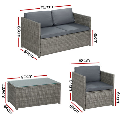 4-Piece Outdoor Sofa Set Wicker Couch Lounge Setting - Grey