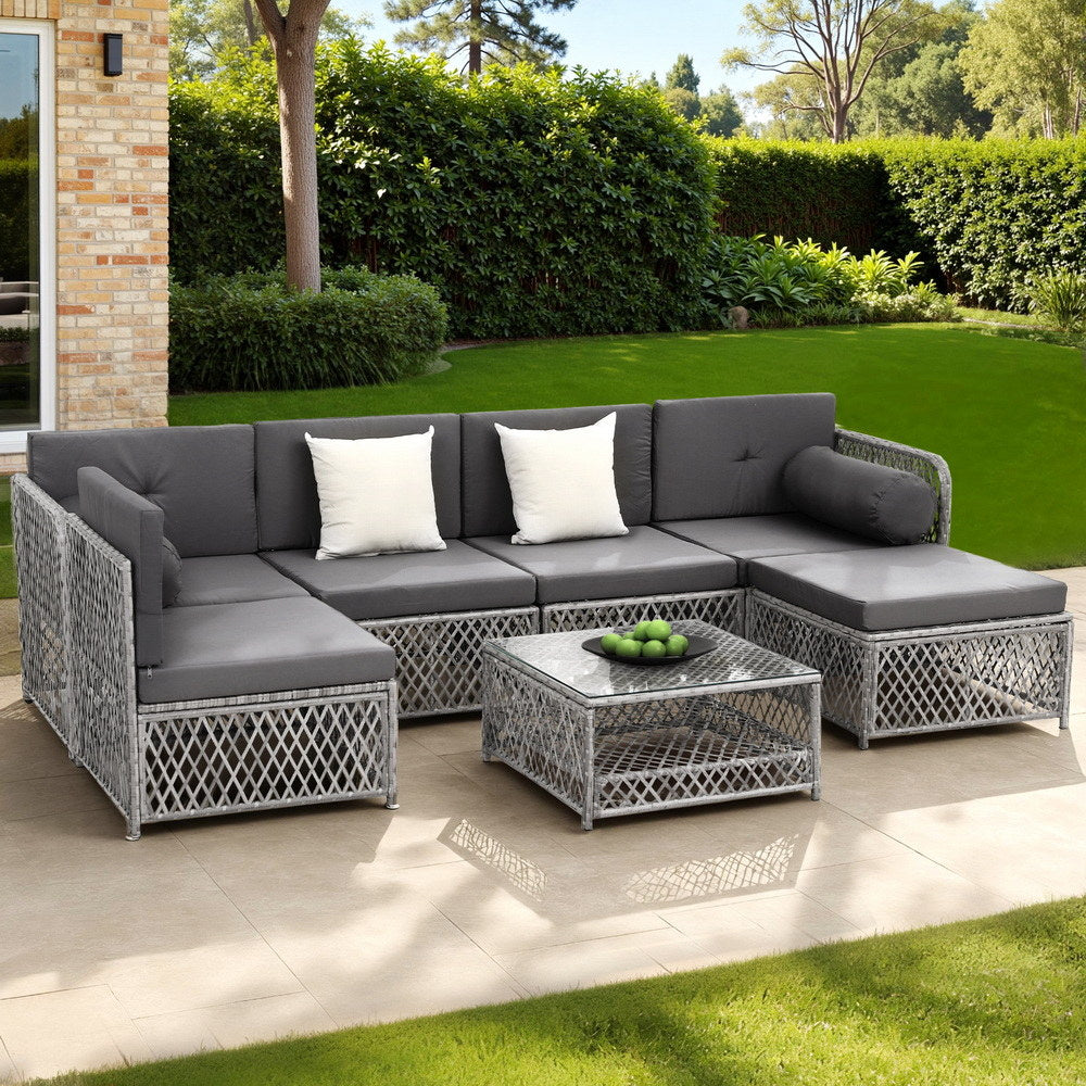 6 Seater Outdoor Sofa Set 7PCS Table Chair Set Garden Rattan Patio Furniture