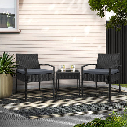 3PC Patio Furniture Bistro Set Wicker Outdoor Lounge Setting Black