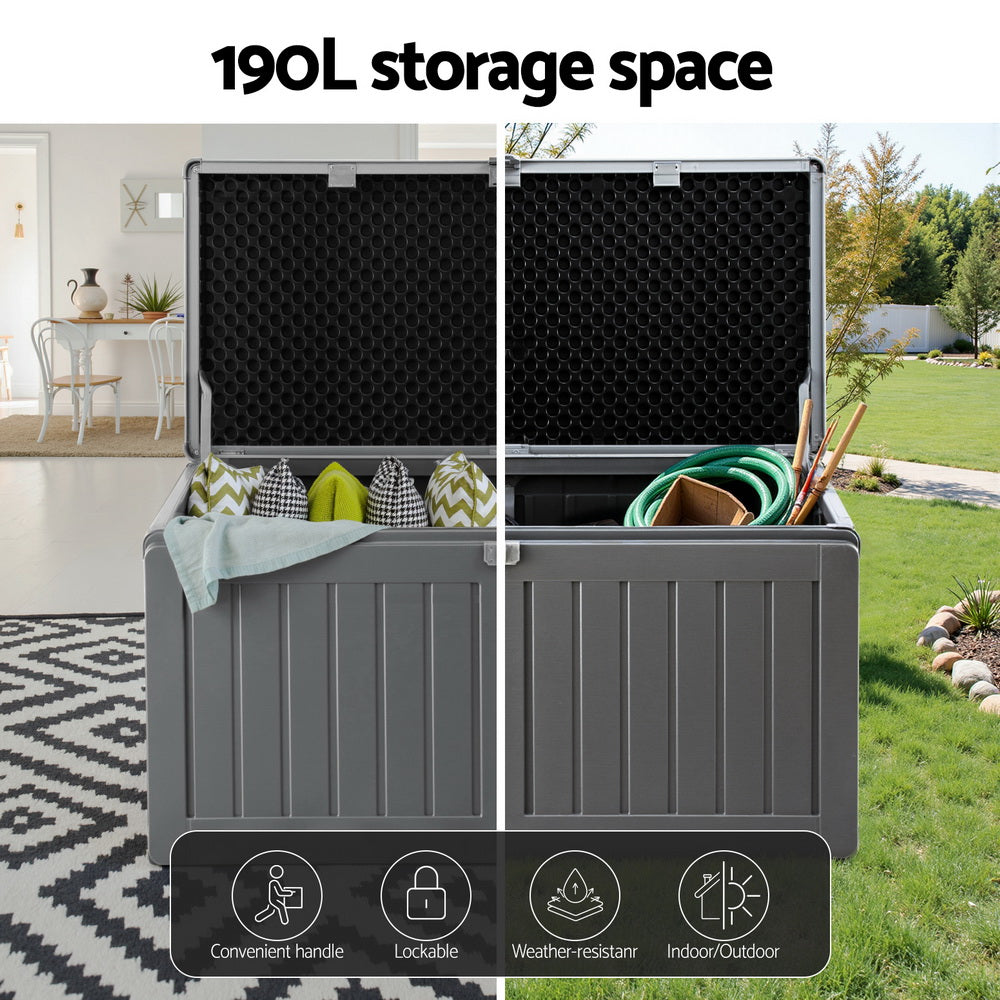 Outdoor Storage Box 190L Container Lockable Garden Bench Tool Shed - Black