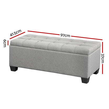 Storage Ottoman Blanket Box 97cm Button Linen - Grey