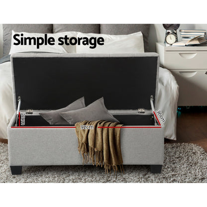 Storage Ottoman Blanket Box 97cm Button Linen - Grey