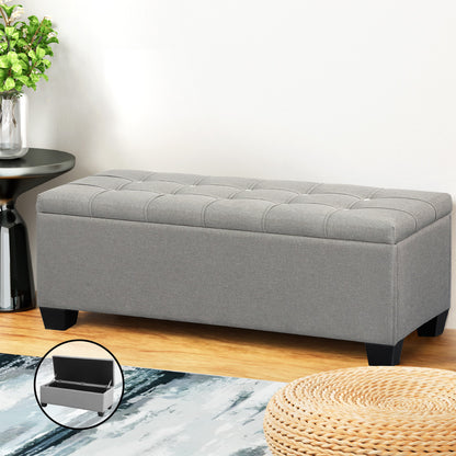 Storage Ottoman Blanket Box 97cm Button Linen - Grey