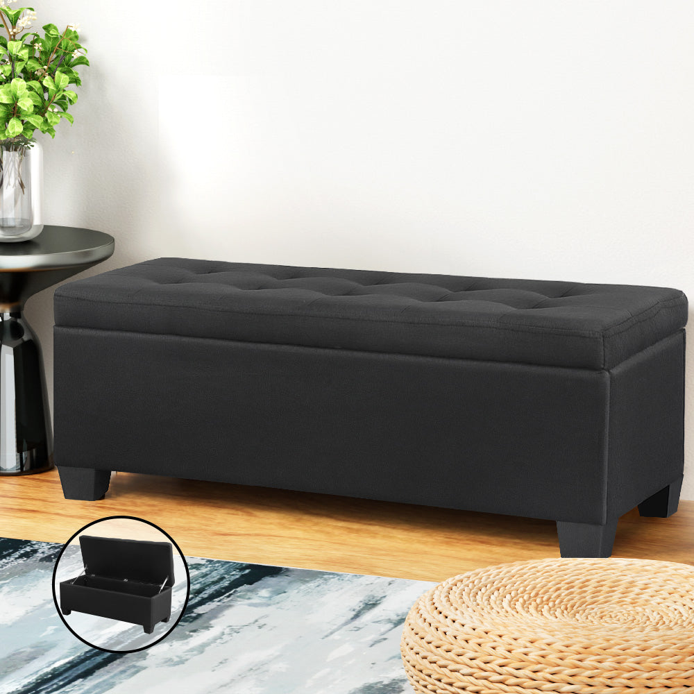 Storage Ottoman Blanket Box 97cm Linen - Black