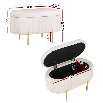 Storage Ottoman Blanket Box 87cm Velvet Oval - White