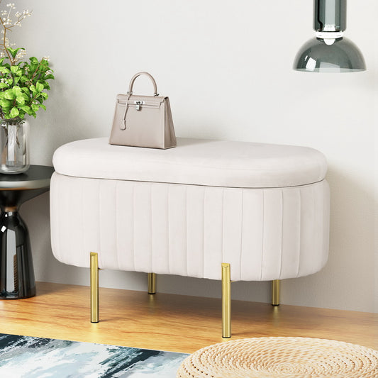 Storage Ottoman Blanket Box 87cm Velvet Oval - White