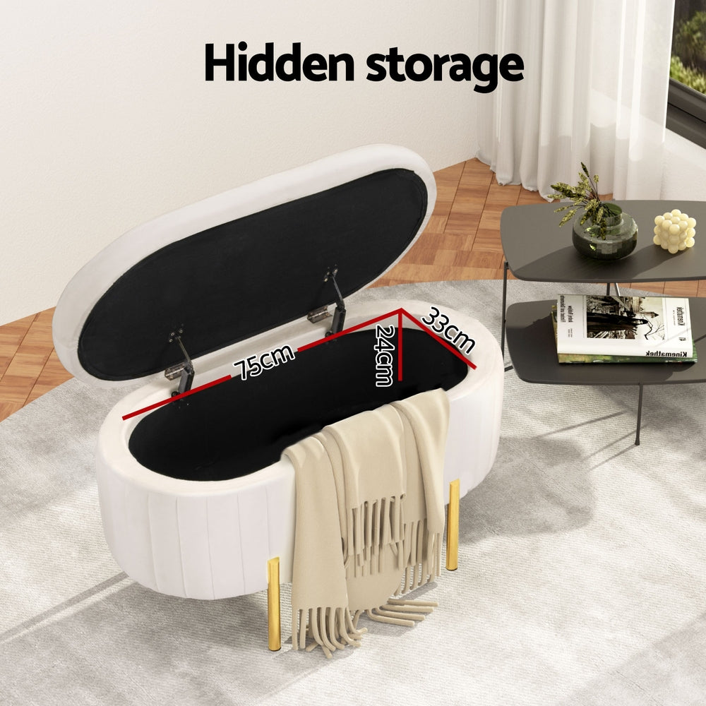Storage Ottoman Blanket Box 87cm Velvet Oval - White
