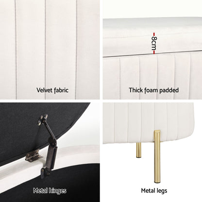 Storage Ottoman Blanket Box 87cm Velvet Oval - White