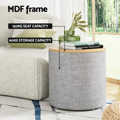 Storage Ottoman Blanket Box 40cm Linen Round - Grey