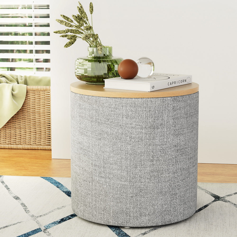 Storage Ottoman Blanket Box 40cm Linen Round - Grey