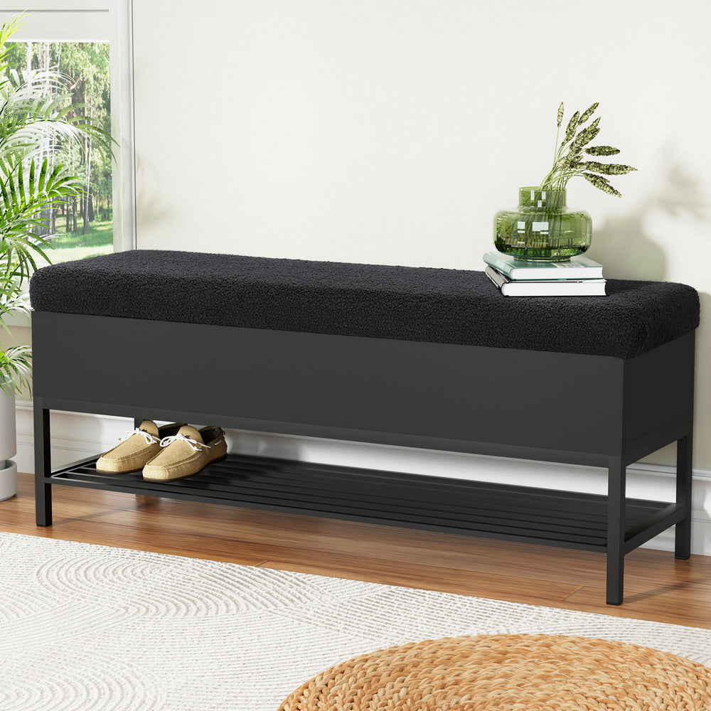 Storage Ottoman Blanket Box 110cm Boucle Shelf - Black