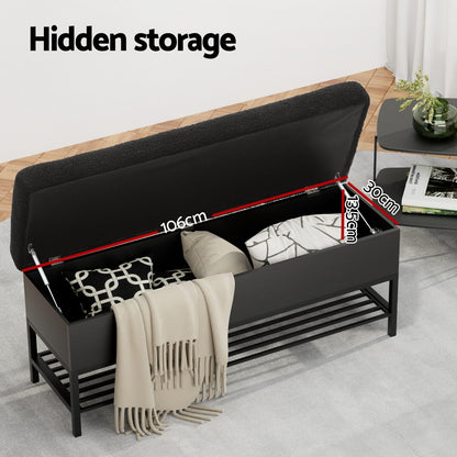 Storage Ottoman Blanket Box 110cm Boucle Shelf - Black