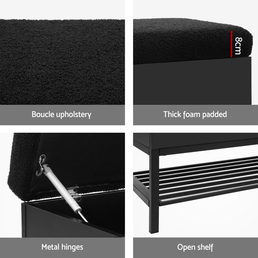 Storage Ottoman Blanket Box 110cm Boucle Shelf - Black