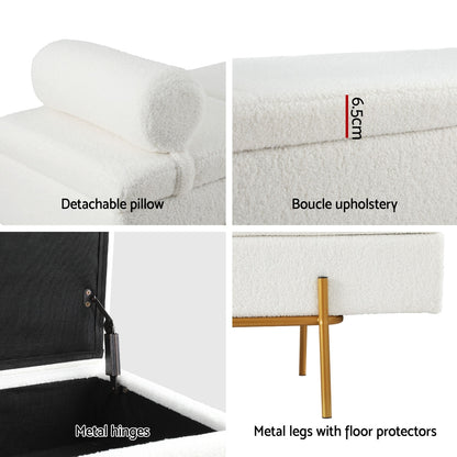 Storage Ottoman Bed 140cm Pillow Boucle Fabric - White