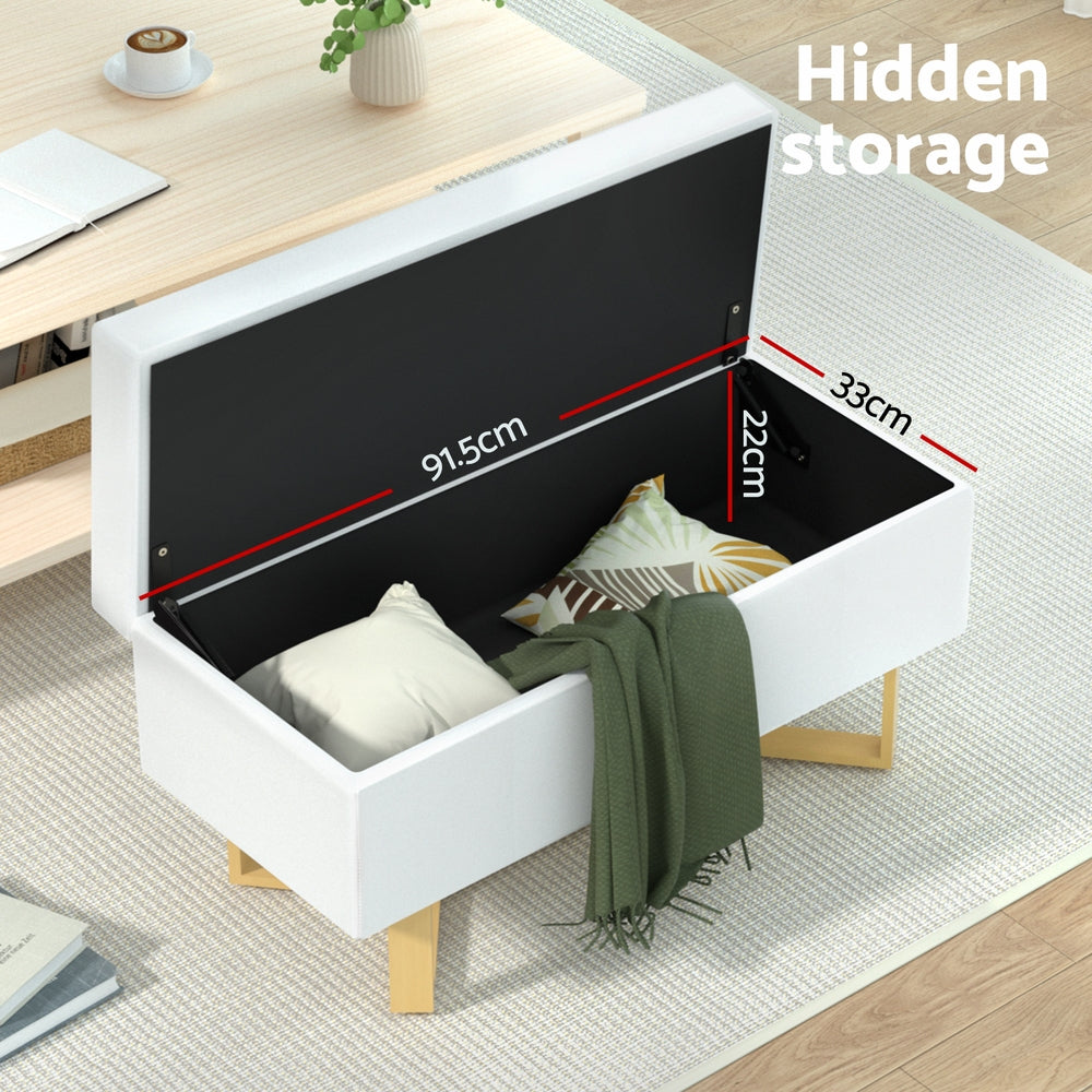 Storage Ottoman Blanket Box Criss-cross Linen - White