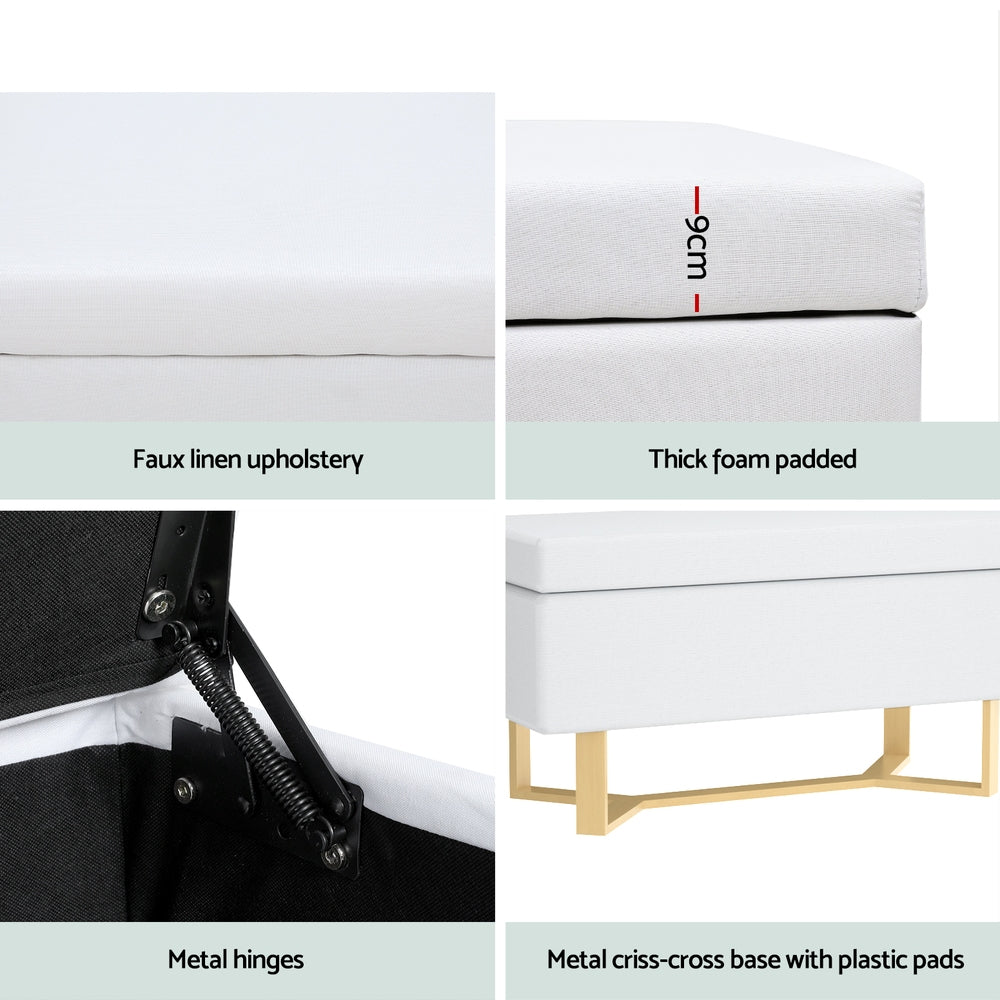 Storage Ottoman Blanket Box Criss-cross Linen - White