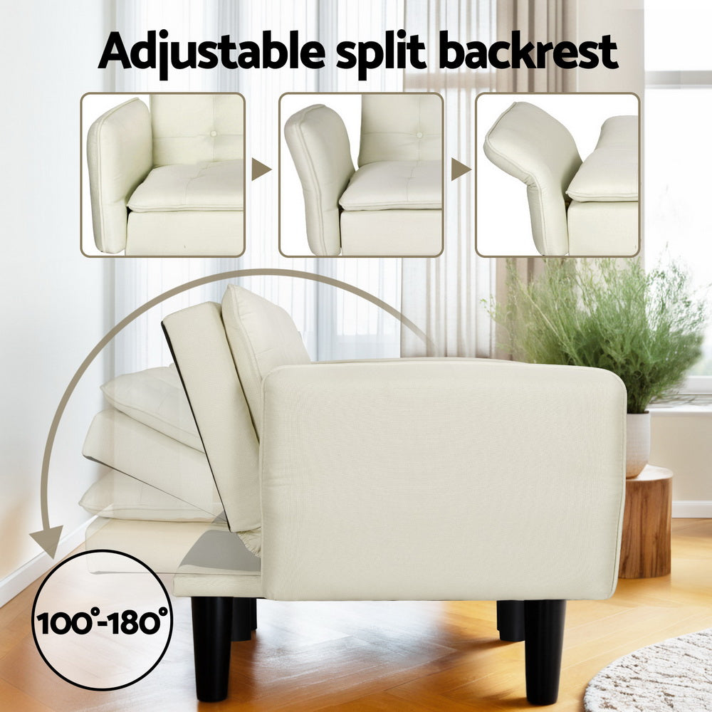 3-Seater Sofa Bed Tufted Faux Linen - Beige