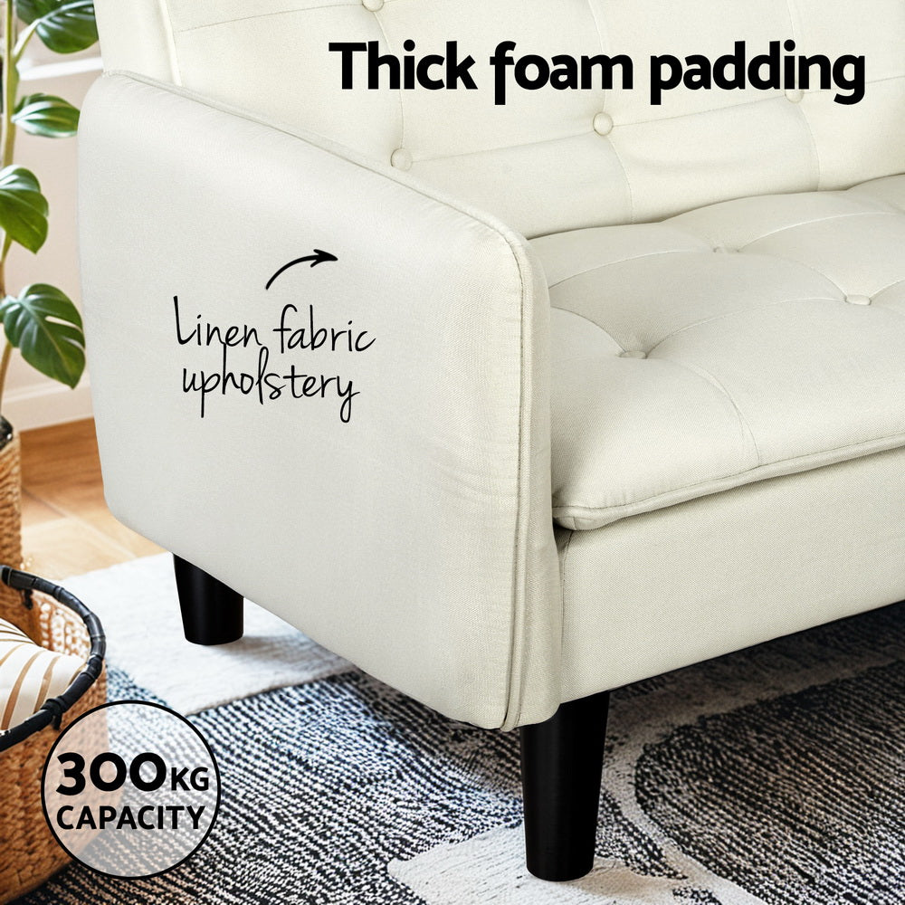 3-Seater Sofa Bed Tufted Faux Linen - Beige